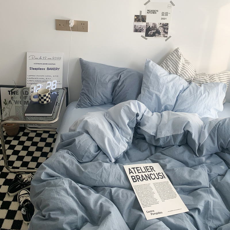 Washed Cotton Four-piece Set Fresh Simple Bed Sheet Quilt Cover Advanced Sense Student Dormitory Kit Three-piece Set Bedding