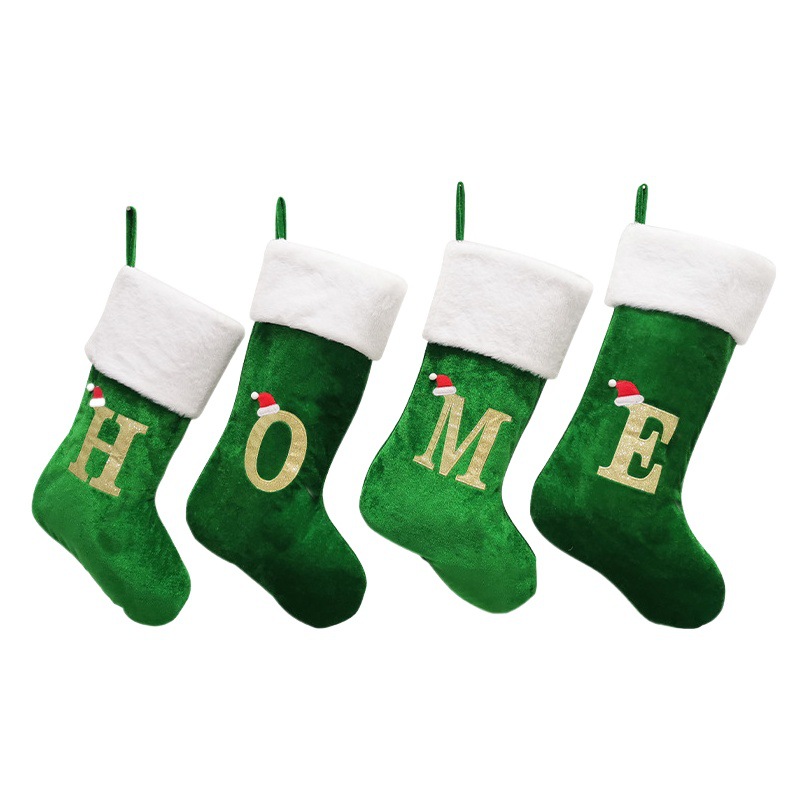 2025 New Products Christmas Decorations Green Velvet Embroidered Letters Large Christmas Socks Gift Bags Wholesale