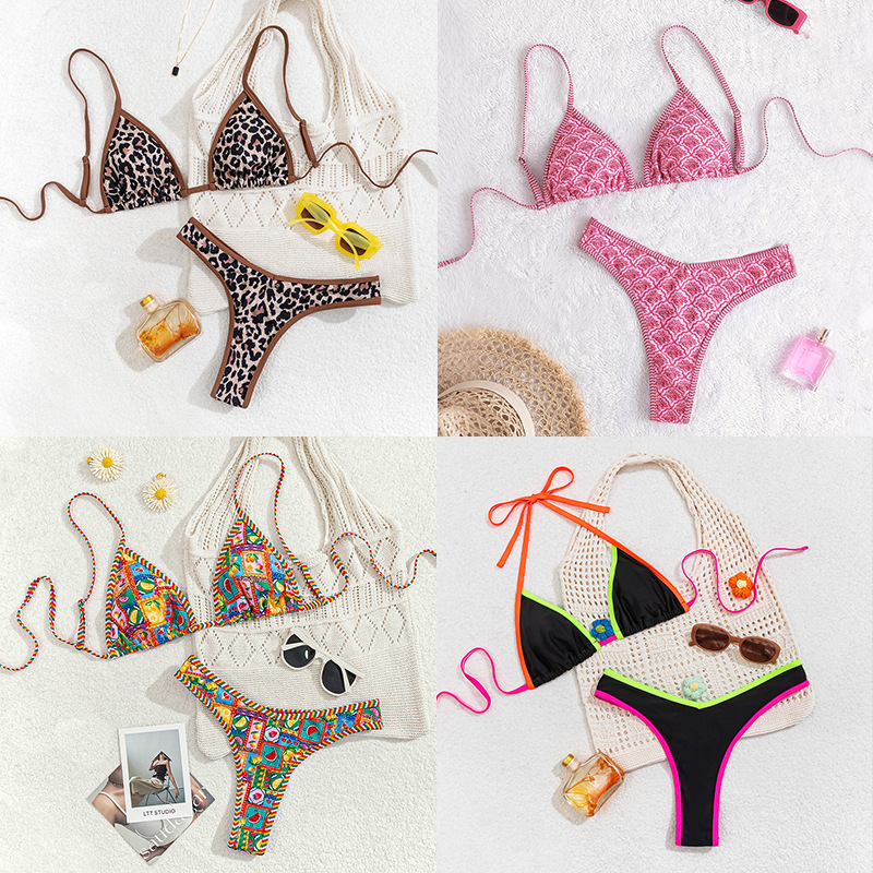 2025 New European and American Foreign Trade Bikini Printed Triangle Sexy G-string Split Bikini Swimsuit for Women