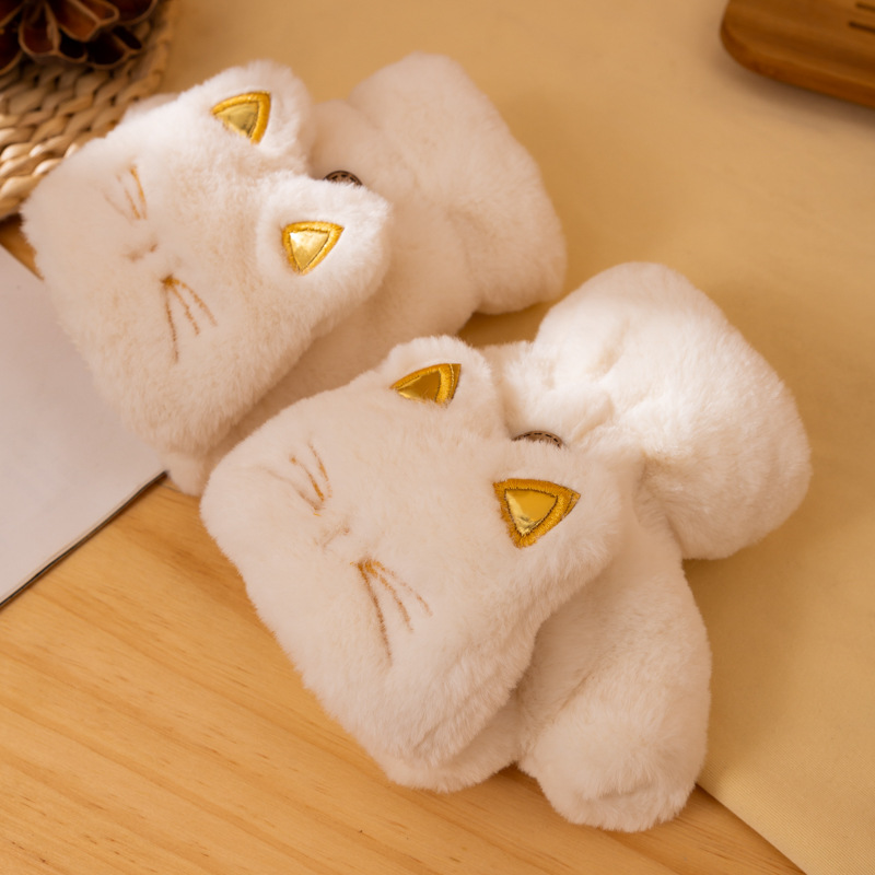 Picture of Korean version of warm cotton gloves ladies winter cute cycling students thickened velvet half finger students flip cartoon fashion