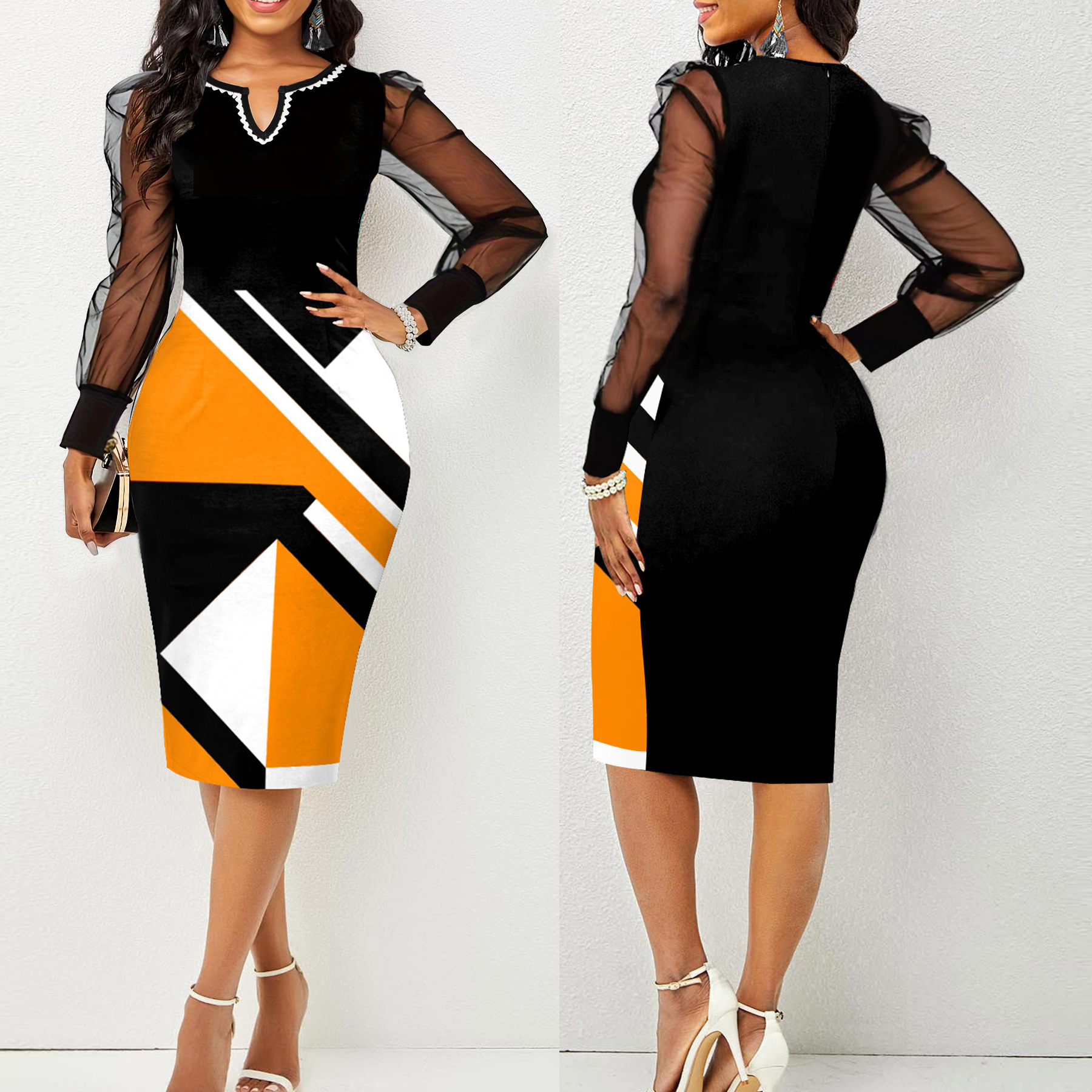 Picture of Cross-border Amazon European and American Spring and Autumn Sexy V-neck Printed Mesh Spliced Dress Long-sleeved Slim-fit Hip dress Women