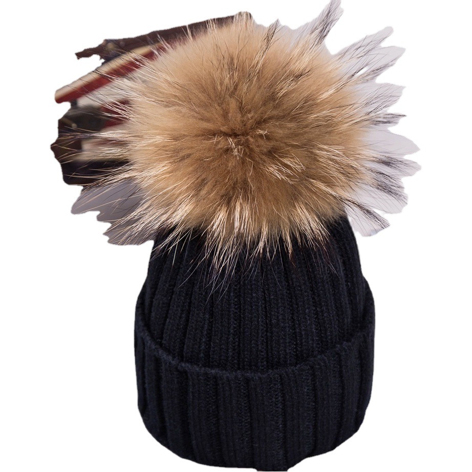 2023 new autumn and winter new solid color curling knitted hat Korean 15cm raccoon wool ball wool hat