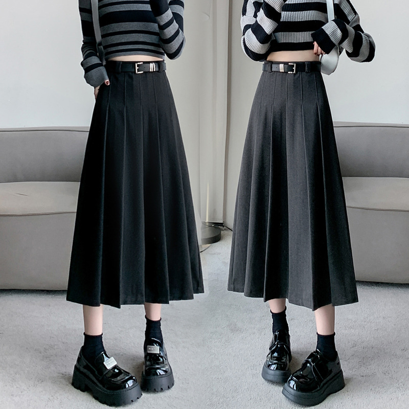 Commuting Grey High Waist Pleated Skirt Women's Spring and Autumn Design Sense Niche A- line Skirt Elegant Mid-length Umbrella Skirt