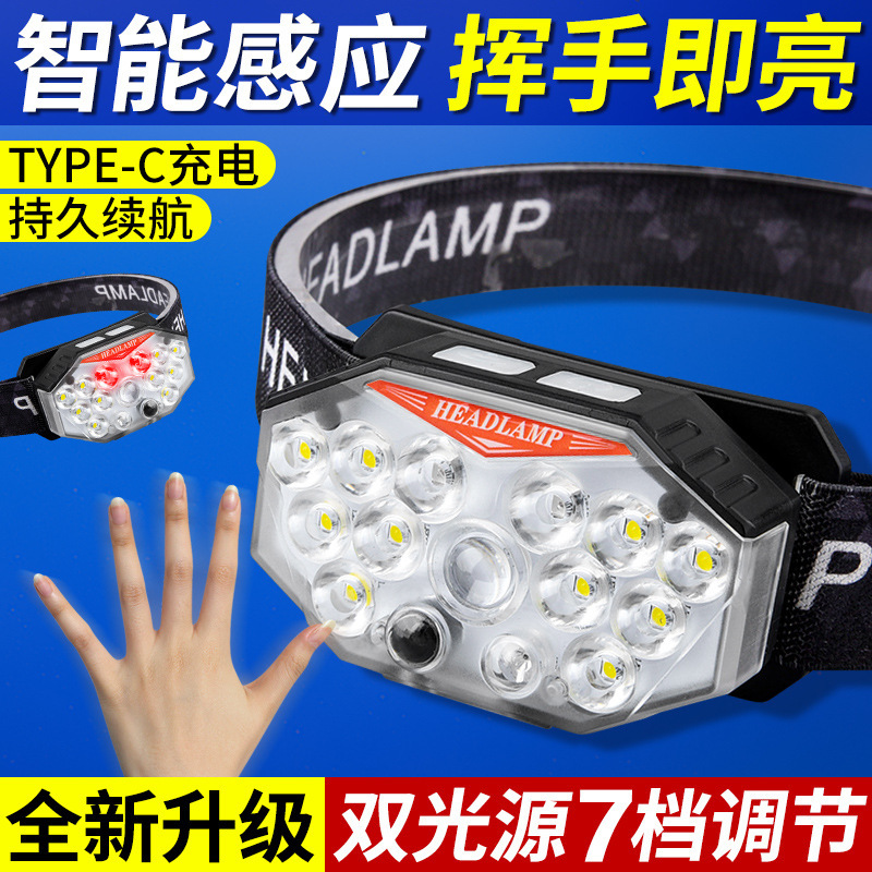 Cross-Border New Strong Light Sensor Headlight Rechargeable Ultra-Bright Head-Mounted Led Outdoor Fishing Long-Life Camping Style Headlight