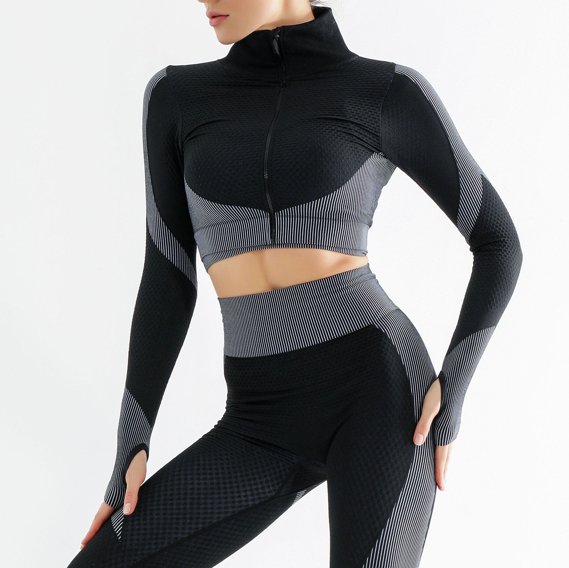 Spring 2021 Women's High Waist Hip Lifting Bubble Sport High Elastic Fitness Suit Running Seamless Yoga Suit Zipper