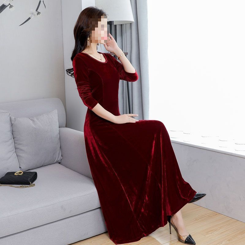 Cross-border Spring Autumn Winter New Arrival Gold Velvet dress Elegant Long Round Neck Long-sleeved Cheongsam plus size Women's Bottoming Trend