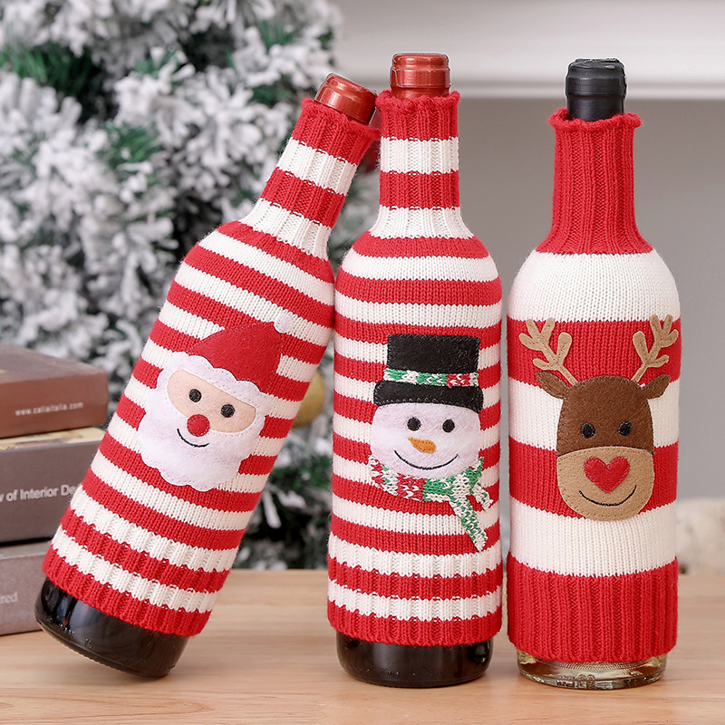 Picture of New Christmas Decorations Wool Acrylic Knitted Stripesd Wine Bottle Set Elk Snowman Red Wine Champagne Bottle Set