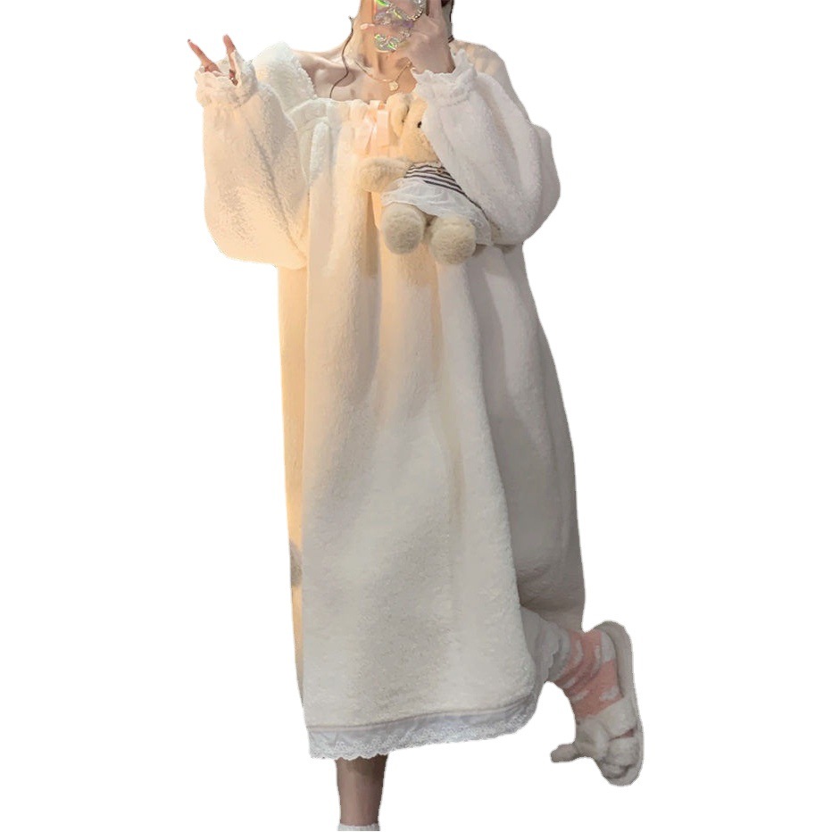Princess Style Nightgown Women's Long-sleeved New Warm Thickened Nightgown Winter Korean Style Female Student Suit Home Clothes
