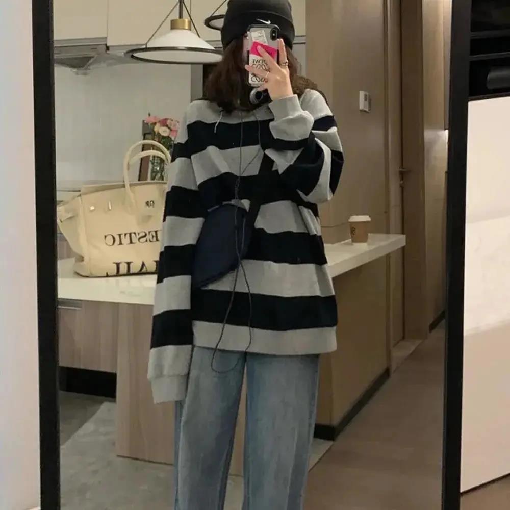 608 [6535 fish scales]# striped black gray sweater women's long sleeve loose new Korean version
