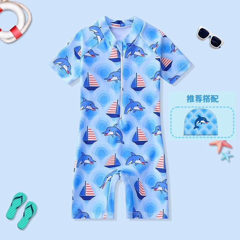 Picture of 2024 Girls' Swimsuit Cartoon Short Sleeve Children's One-Piece Swimwear for Ages 3-6 Boys' Swimwear Set with Cartoon Swim Cap