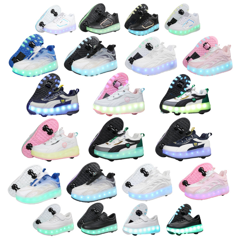 New Kidsren's Heelys Shoes, Boys' Heelys Shoes, Double-Wheel Skates, Lights, Roller Skates, Women's Four-Wheel Deformation Sneakers