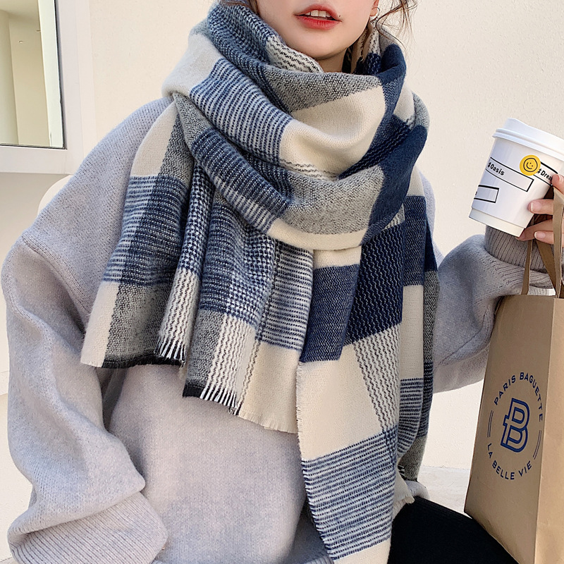 Picture of Blue Plaid Scarf for Women Winter Imitation Cashmere Korean Style Versatile Long Ins Trendy Niche High-End New Scarf