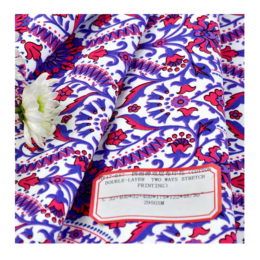 Pure Cotton Four-sided Elastic Printed Cloth Cotton Elastic Double-layer Cloth Double-layer Warp and Weft Elastic Fashion Dress Fashion Dress