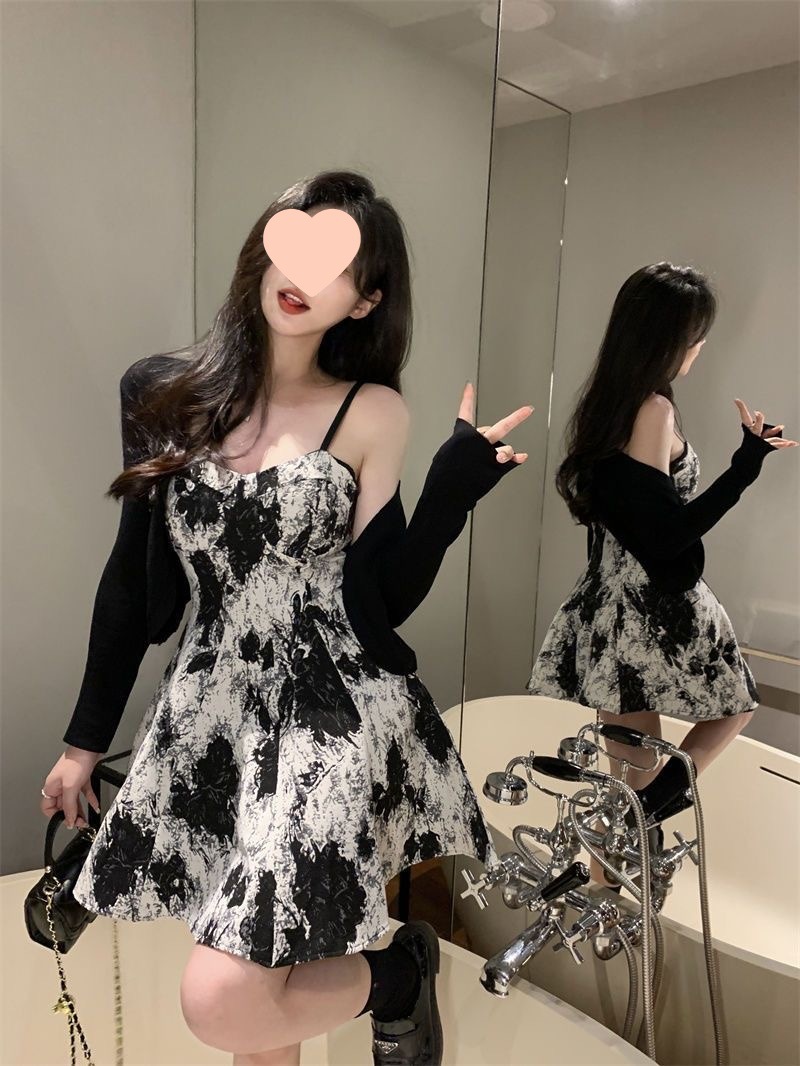 Pure Desire Hot Girl Slim-fit Tie-dyed Slip Skirt Women's Summer Sunscreen Cardigan Sweet and Spicy Slim dress Two-piece Suit