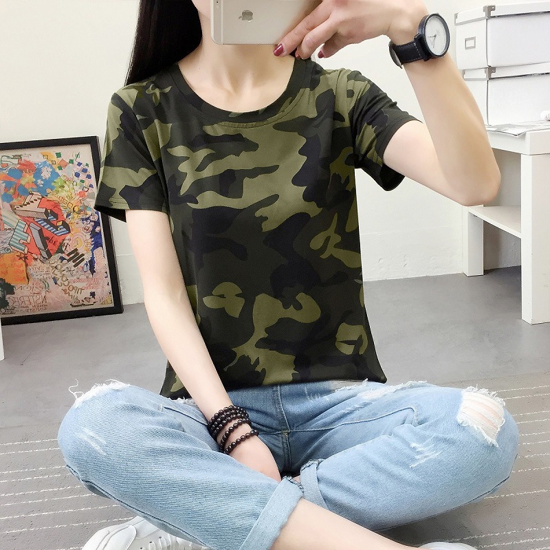 2025 Summer New Korean Style Short-Sleeved T-Shirt Women's Printed Student Loose Camouflage Tops Women's Cross-Border Wholesale