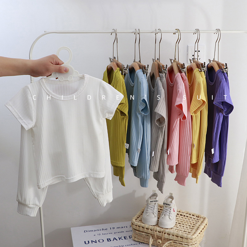 Picture of Children's Home Wear Set Korean Style Casual Unisex Solid Color 2024 Summer New Pajamas Children's Clothing Wholesale Short Sleeve