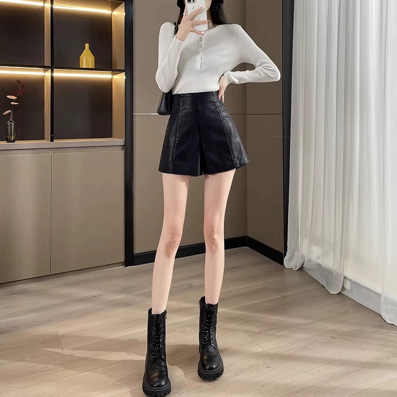plus size High Waist Leather Shorts Women's 2023 New Arrival Autumn and Winter A Character Spring and Autumn Slimming PU Wide Leg Outer Wear All-Match
