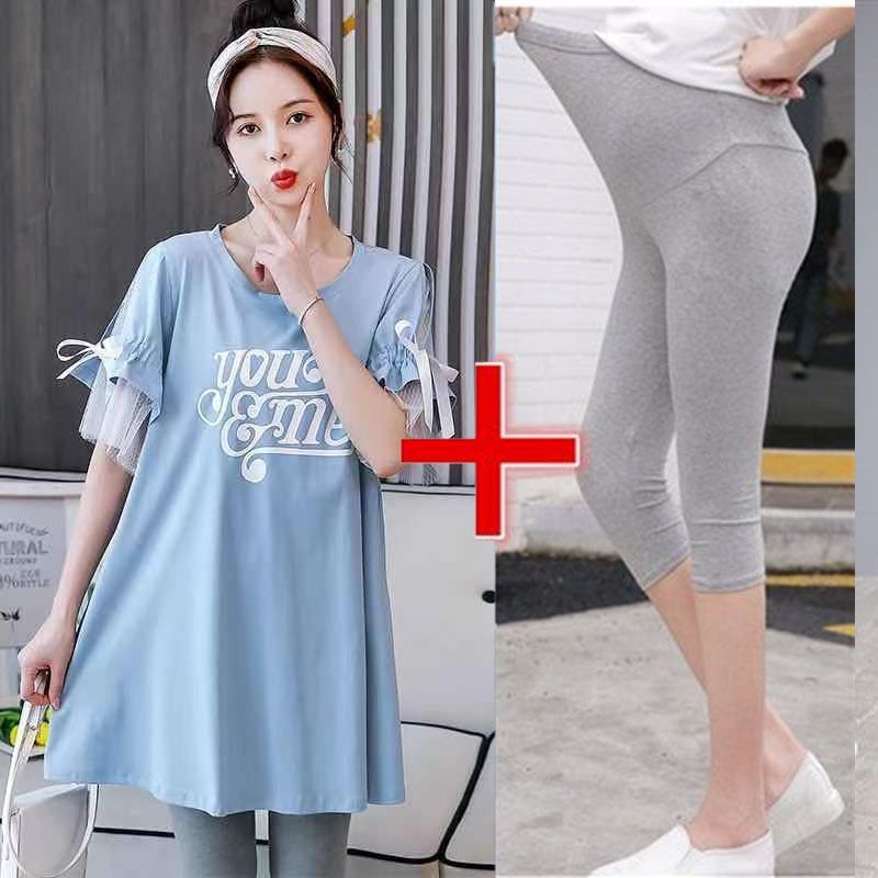 Picture of New Pregnant Women's Summer Half-sleeved T-shirt suit Korean Pregnant Women's Spring Mid-length Top dress Two-piece Set