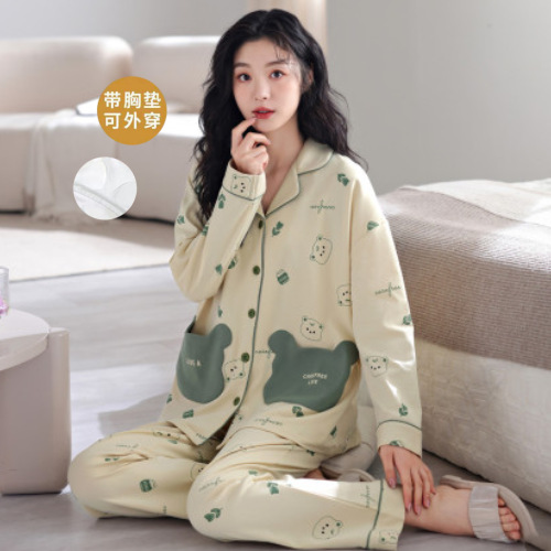 Cotton Pajamas Women's Spring and Autumn with Chest Pad Long Sleeve Trousers Cardigan suit Less Women's Summer Dormitory Home Clothes