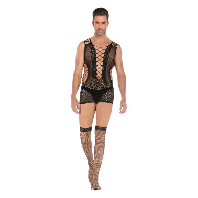 Amazon Sleeveless Jacquard Vests Style Mesh Dress Sexy Love Net Men's Lingerie