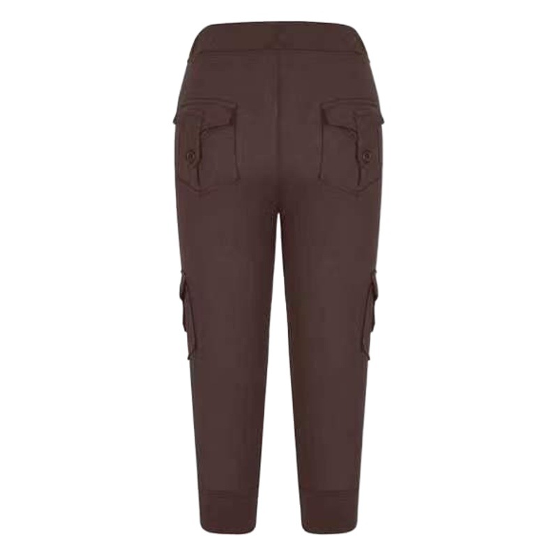 2019 European and American Short Sleeve Elastic Waist Button Multi-Pocket Four-Pocket Yoga Capri Pants Slimming Casual All-Match