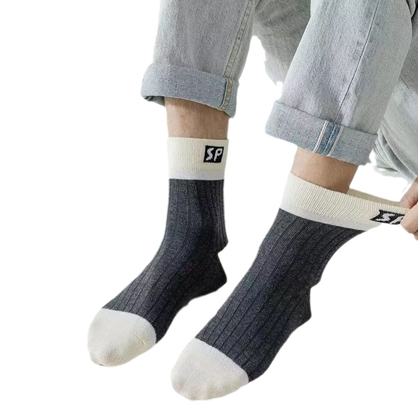 Spot Wholesale Men's Mid-Calf Spring Solid Color Sweat-Absorbent Simple Deodorant Sports Boys Black and White Autumn Stockings