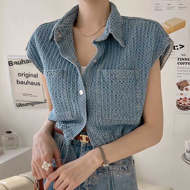 Korean Style Chic Summer French Style Vintage Lar Single-breasted Pocket Design Sleeveless Ware Denim Jacket Top Women