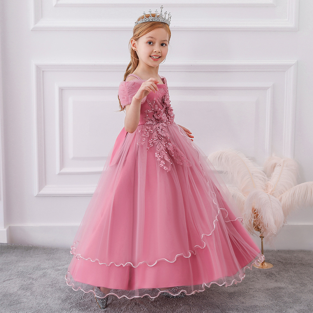 Children's Wedding Dress Dress Children's Sling Off-Shoulder Mesh Piano Performance Dress Host Long Dress