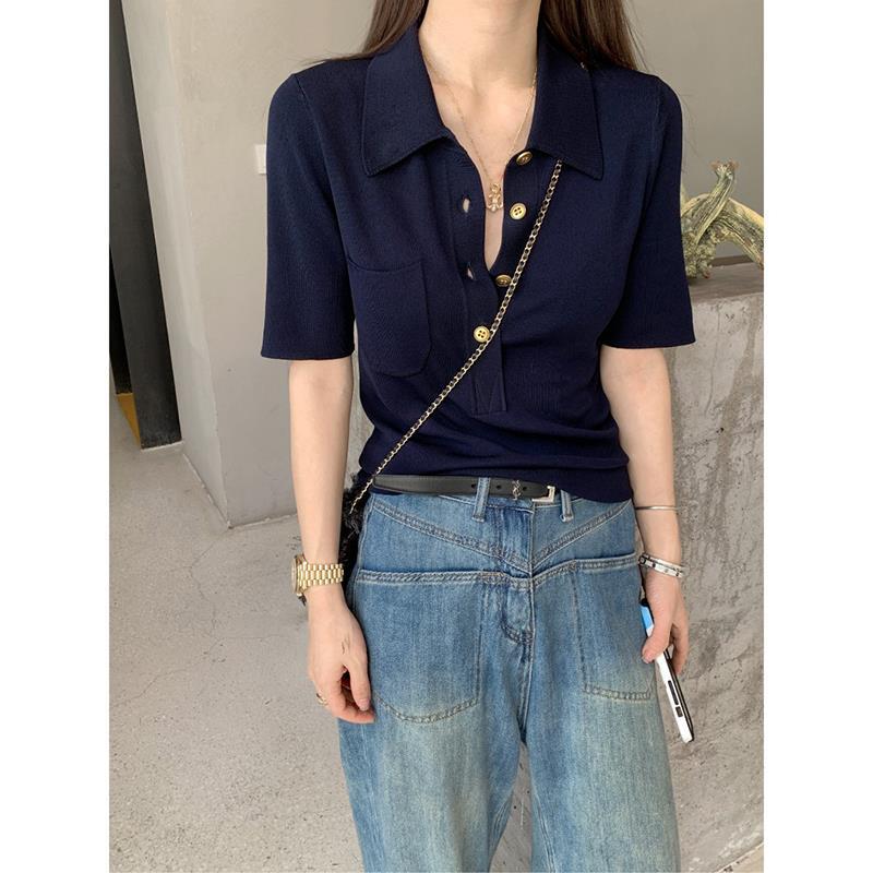 Picture of Cross-border Knitted Short-sleeved T-shirt Women's Summer Chic Unique High-end Sense Design Sense Niche Polo Shirt Elegant Top