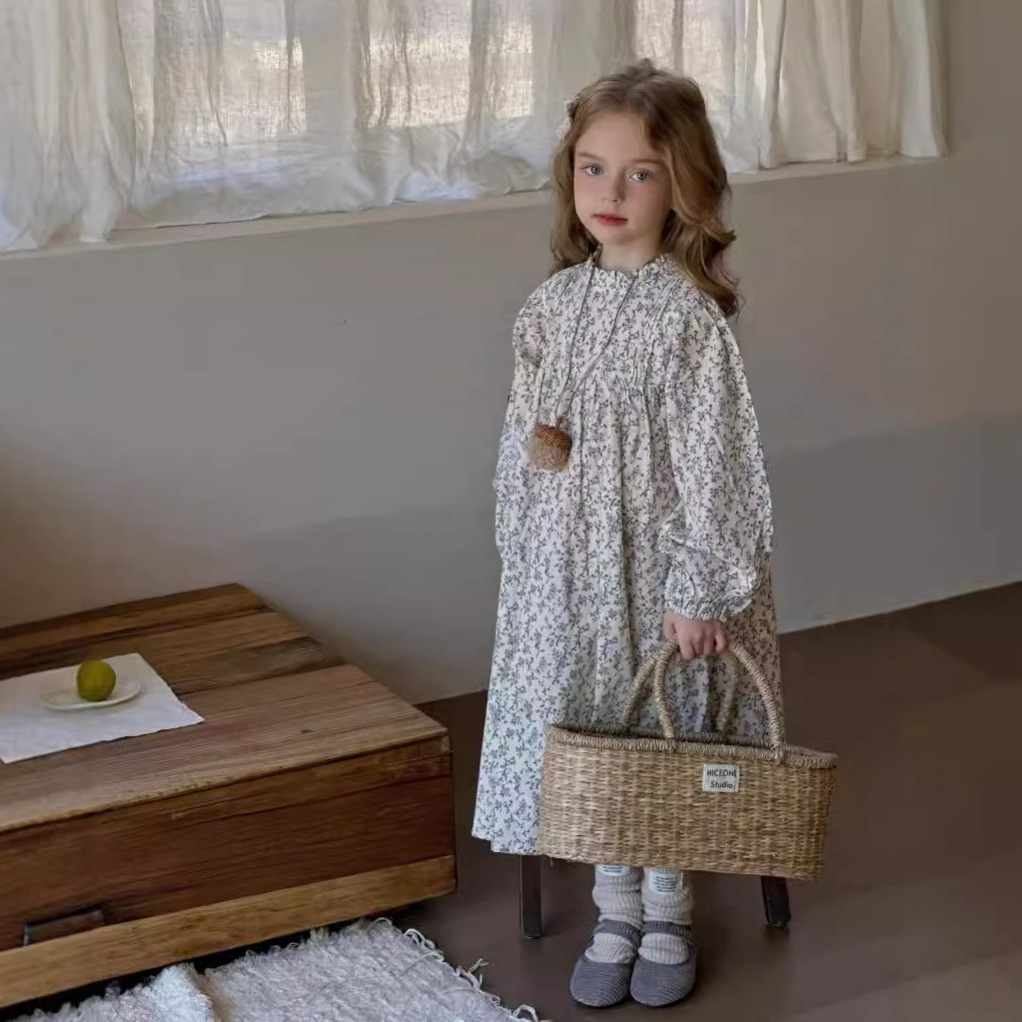 Girls Brushed Dress 2025 Spring New Korean Style Kidsren's Long-Sleeved Princess Dress Baby French Floral Skirt