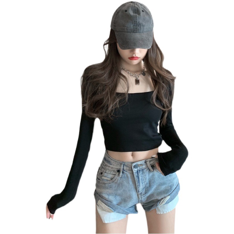 Solid Color Long Sleeve Base Shirt Women's Inner Wear Outer Wear Casual Large U-Neck Top Autumn and Winter Thin Women's Top ins Women's Clothing