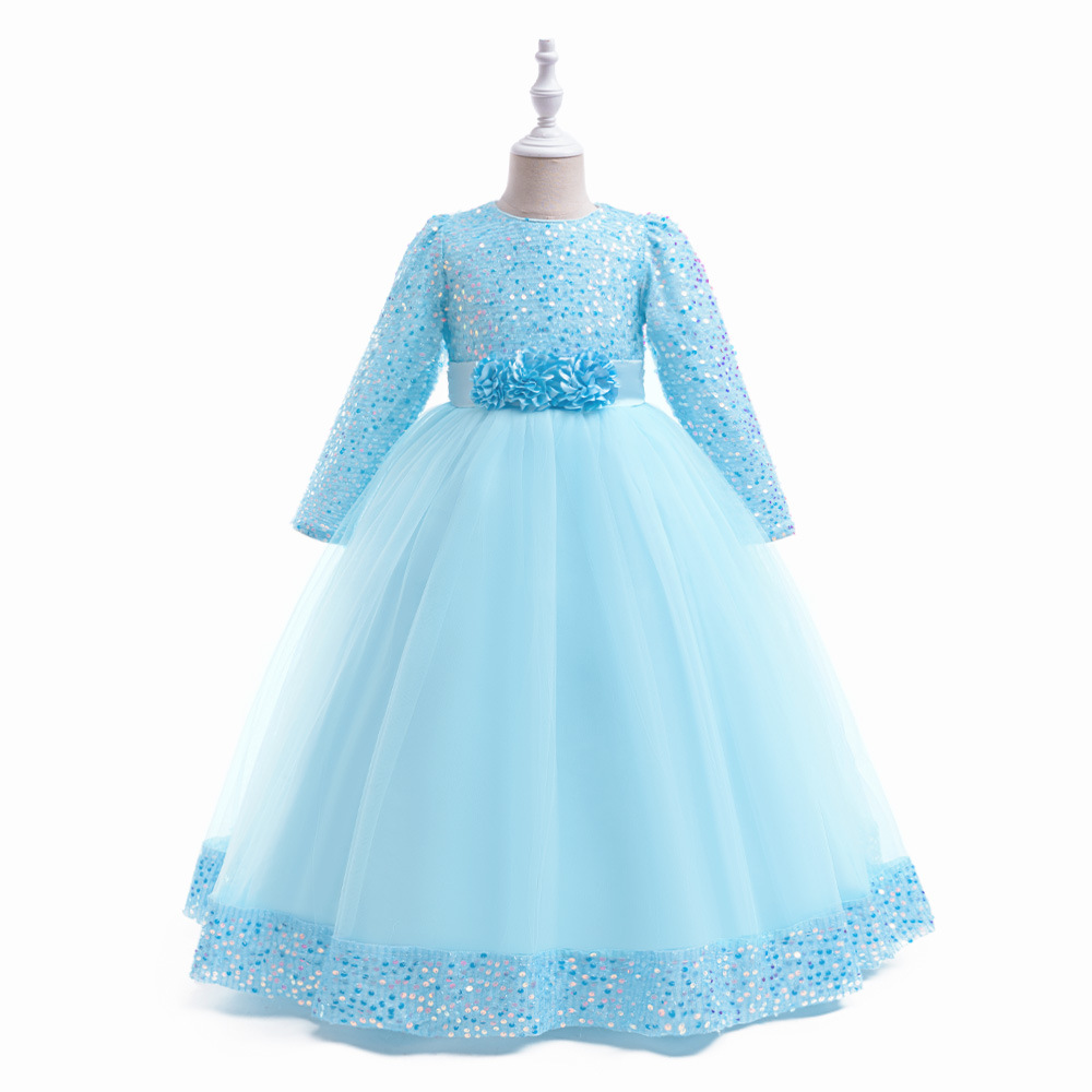 Cross-Border New Product Three-Dimensional Flower Long-Sleeved Bow Fluffy Princess Dress Sequin Dress Catwalk Children's Dress