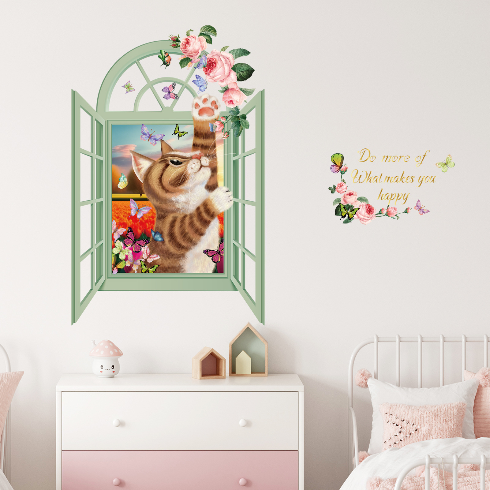 Ms-Ja017 Cartoon Cat Butterfly Flower Wall Sticker Children's Room Living Room Room Decoration Wall Sticker Cute Cartoon