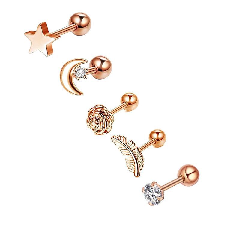 Picture of 5-Piece Set of Amazon Geometric Stainless Steel Zircon Earrings Cross-Border European and American Piercing Jewelry Silver Twisted Tooth Earrings
