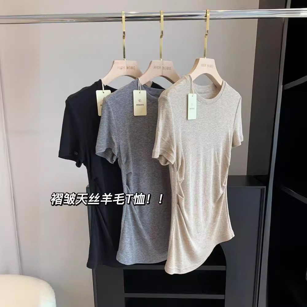 Picture of Slimming Thin Tencel Irregular Top Lyocell Pleated Waist Slim-fit Shoulder Mask Short-sleeved T-shirt Women's Summer