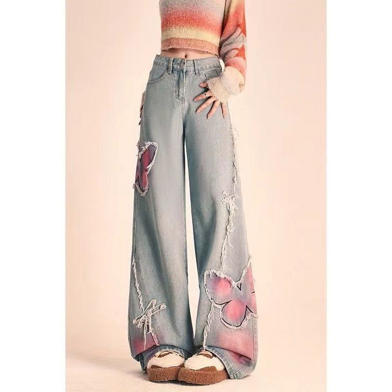 American Style Retro Butterfly Embroidery Design Sense Rouge 2024 Hong Kong Style Jeans Women's Sweet Cool Narrow Wide Leg Straight Leg Pants