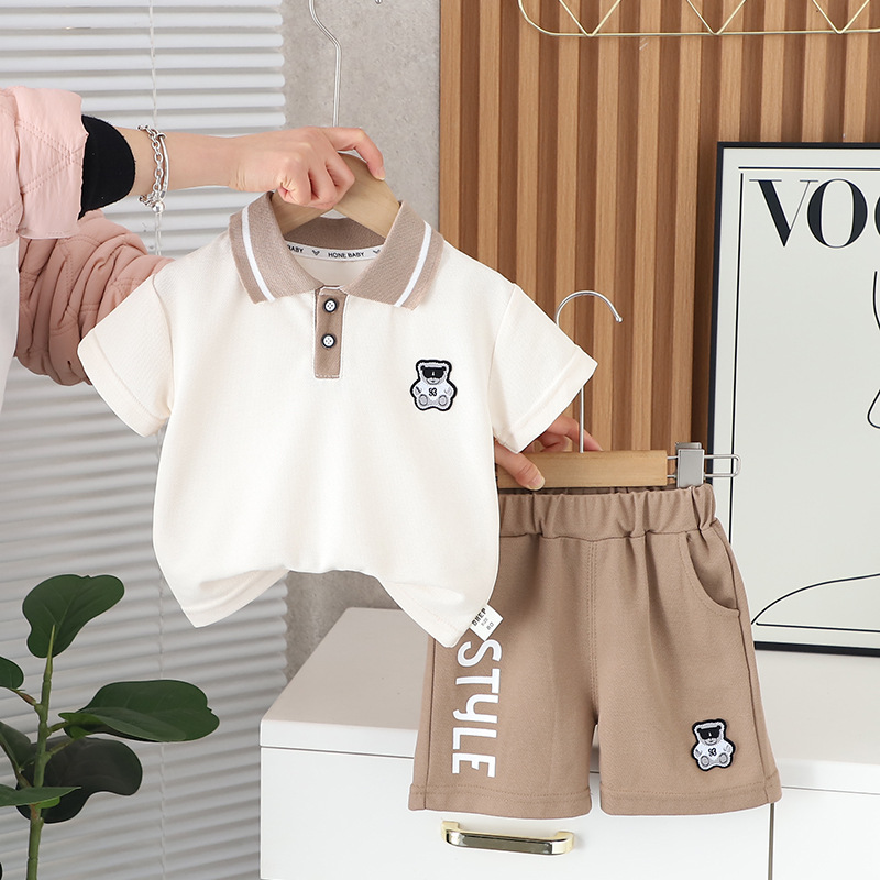 Children's lapel chest bear short sleeve two-piece set 0 baby clothes 1-2 years old baby summer boys summer thin suit