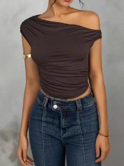 European and American Women's Summer New All-match Decorative Small Vest Pleated Single Shoulder Strap Short Female Sexy Hot Girl
