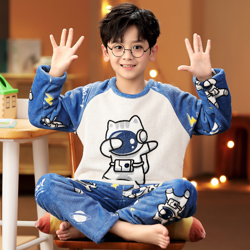Picture of Autumn and Winter Plush Children's Pajamas Boy's Cute Cartoon Thickened Warm Coral Fleece Children's Home Clothes