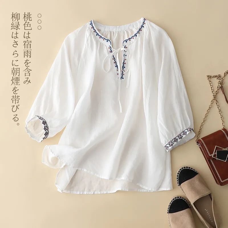Literary Classical 2025 Cotton and Linen Embroidered V Neck Lace-Up Three-Quarter Sleeve T-Shirt Women's T-Shirt Loose Summer New Women's Top