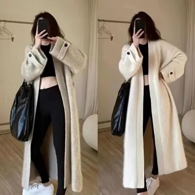 Korean Style Lazy Style Long Knee-length Top Women's 2025 New French Style Loose Knitted Cardigan Sweater Jacket Trendy