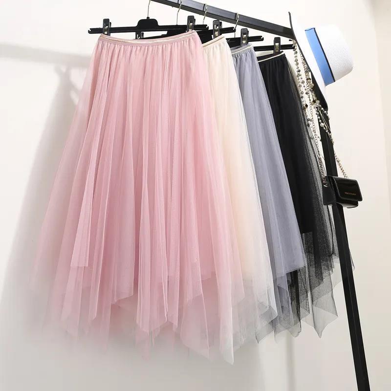 Mesh Skirt Spring and Summer New High Waist Fairy Mid-length Salsa Chic Lace Irregular Hem Skirt