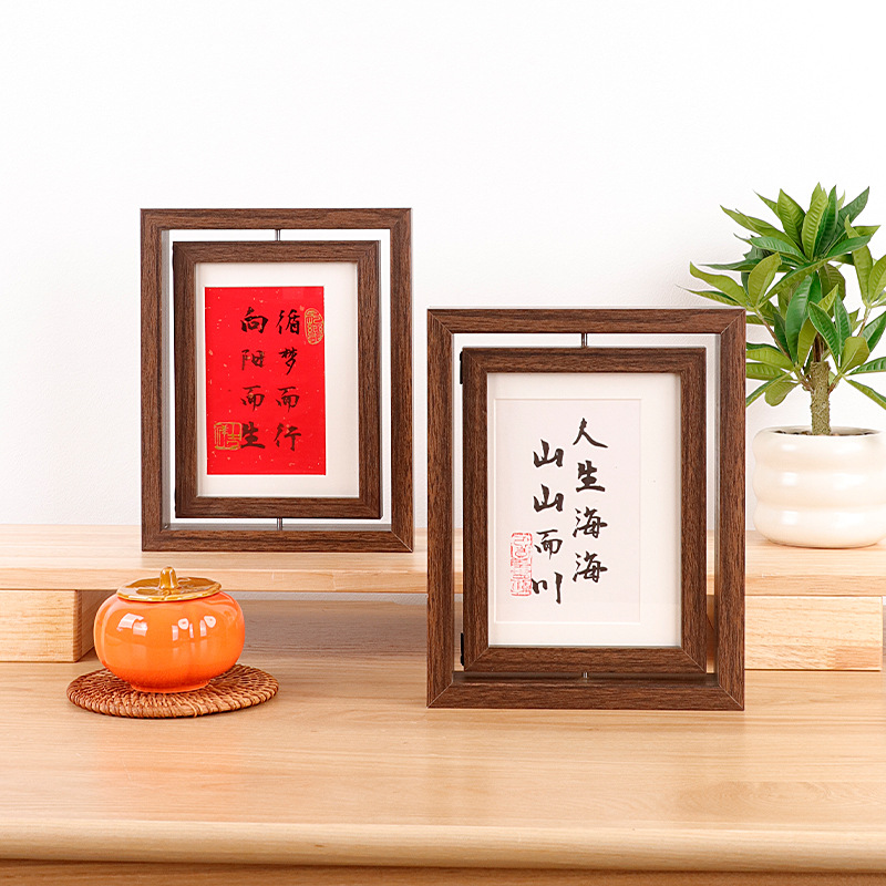 Double-sided transparent retro rotating photo frame table 7 inch wooden frame text calligraphy works mounted picture frame wholesale