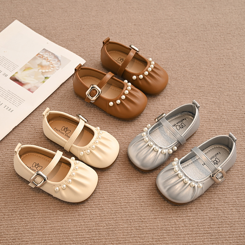 Girls Cute Pearl Princess Shoes 2025 Spring and Summer Small Middle and Big Children's Performance Solid Color Small Leather Shoes Fashion Single Shoes