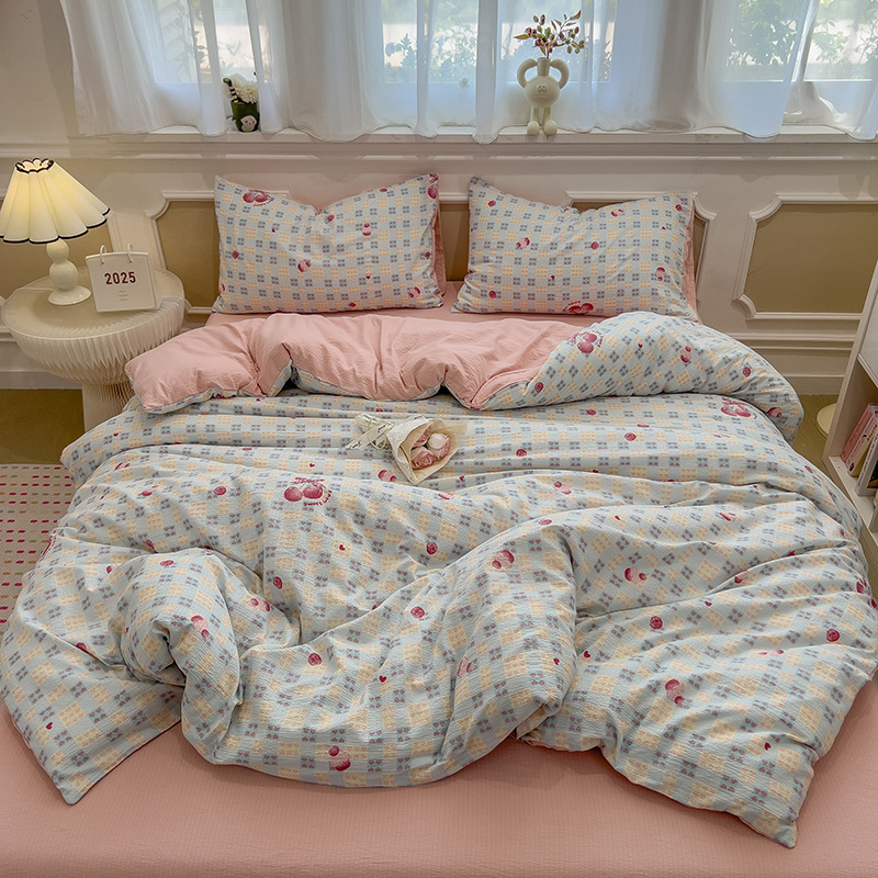 Picture of Double-Layer Gauze Wrinkled Cotton Bed Four-Piece Set Small Fresh Quilt Cover Home Ins Style Floral Summer New Three-Piece Set
