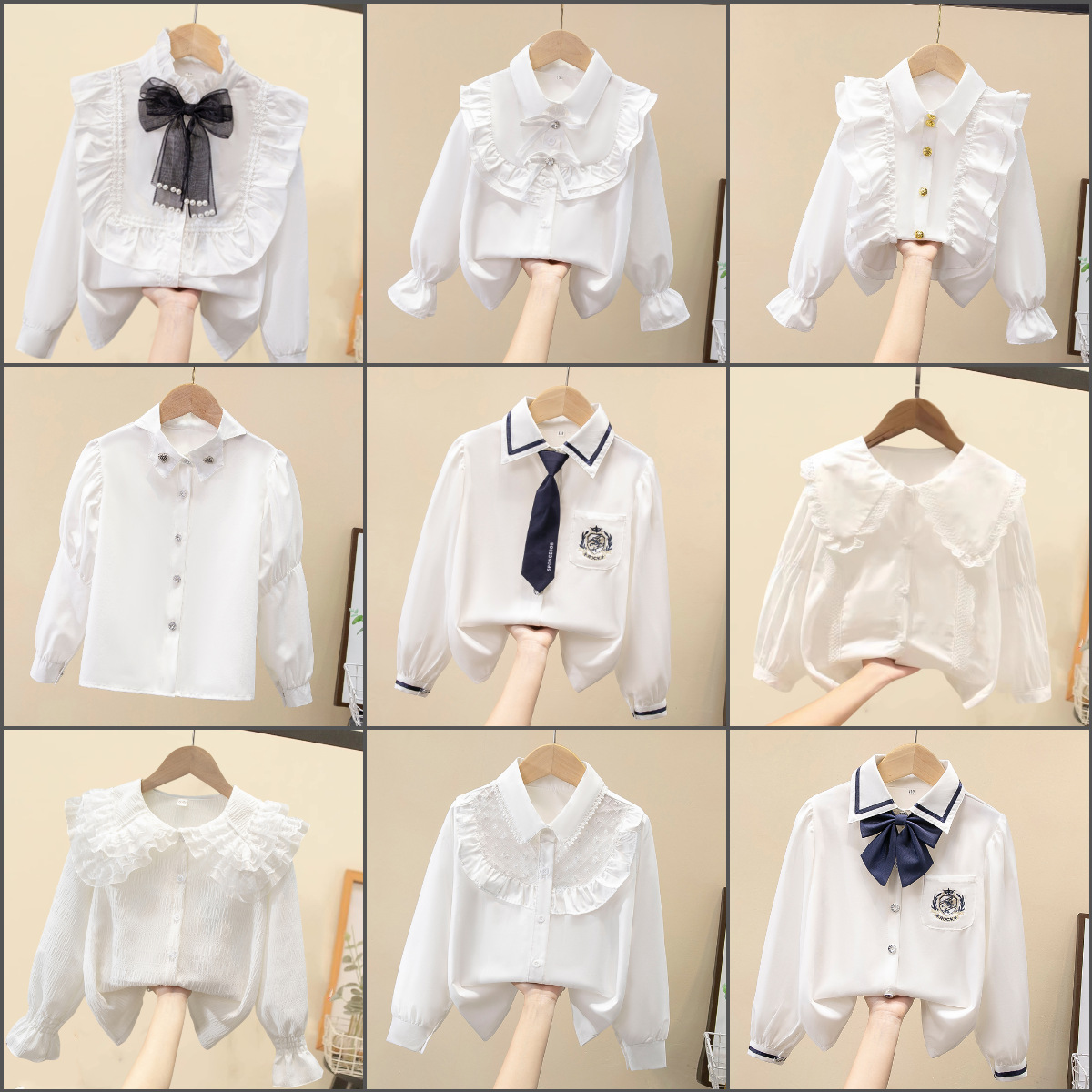 Children's Shirt White Long Sleeve Spring and Autumn Class Clothing Performance Clothing Lace Girl Student Clothing 2024 New Style Girl's Spring and Autumn