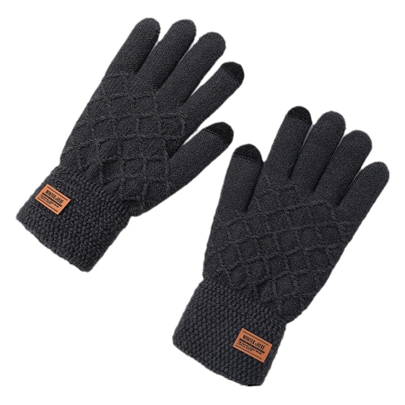 Picture of Gloves men's plus size student autumn and winter warm touch screen cold-proof fleece-lined five-finger knitted wool cycling riding gloves