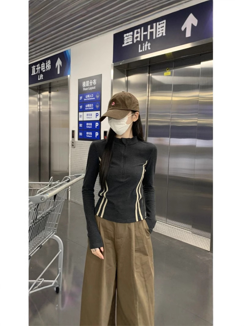 Korean Style Grey Striped Collar Long-sleeved Knitted T-shirt Women's Autumn and Winter Thickened Half-open Collar Slim-fit Base Top