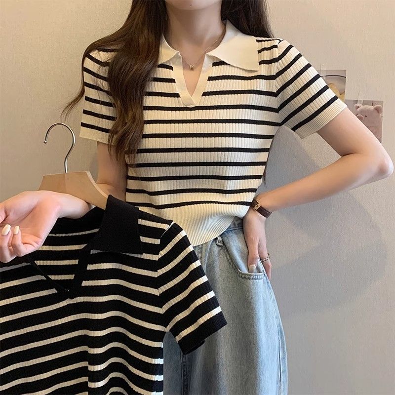Women's 2025 Summer Striped Ice Silk Knitted Shirt Regular Shoulder Short Sleeve T-Shirt Slimming Polo Collar Short Top
