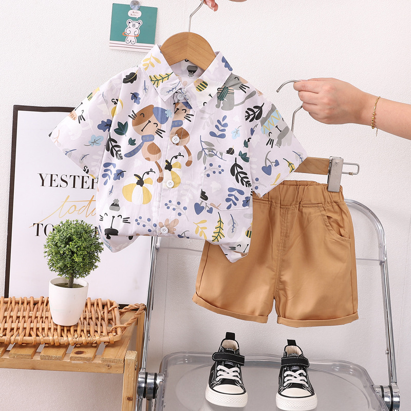 Summer New Children Comfortable Fashion Full Print Pattern Shirt Short Sleeve suit Trendy Boys Summer Shirt suit